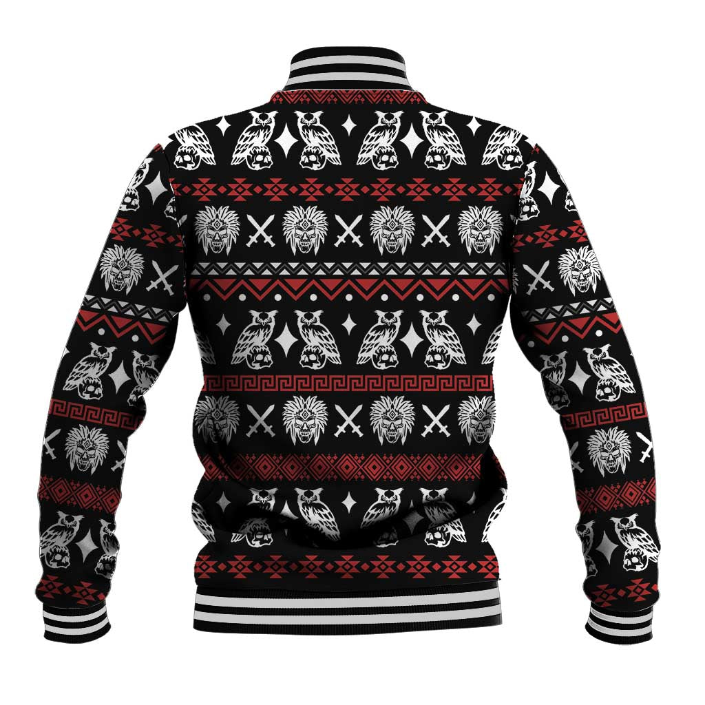 Black baseball jacket with all-over animal and skull back pattern, striped ribbed cuffs.