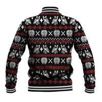 Black baseball jacket with all-over animal and skull back pattern, striped ribbed cuffs.