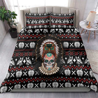Black duvet and pillowcases featuring skull headdress, white icons, and red fair-isle borders
