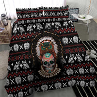 Black Native skull themed bedding set with ornate headdress center and red diamond accents