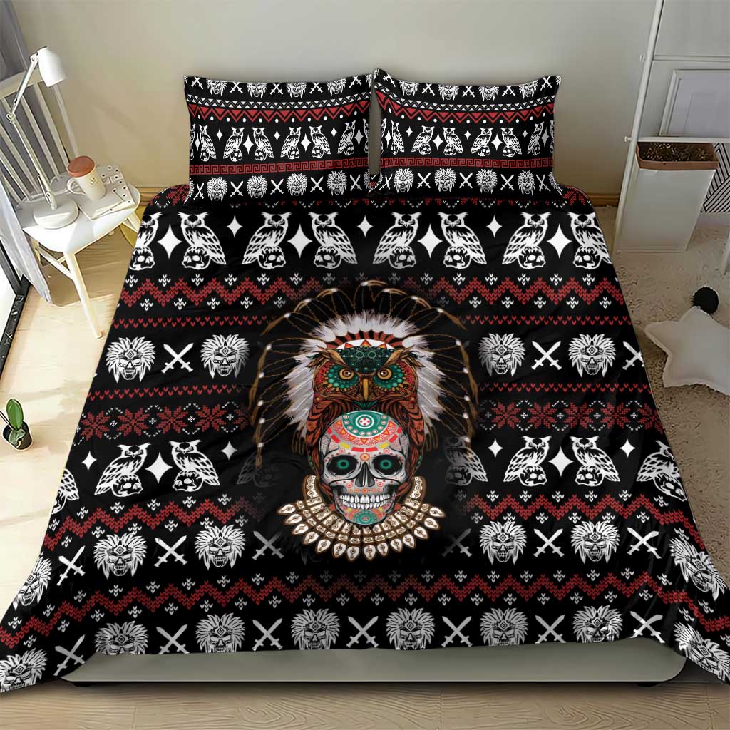 Black bedding set with central skull portrait, white tribal icons, and red patterned stripes
