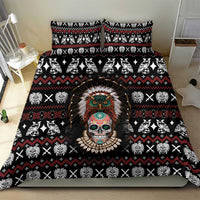 Black bedding set with central skull portrait, white tribal icons, and red patterned stripes