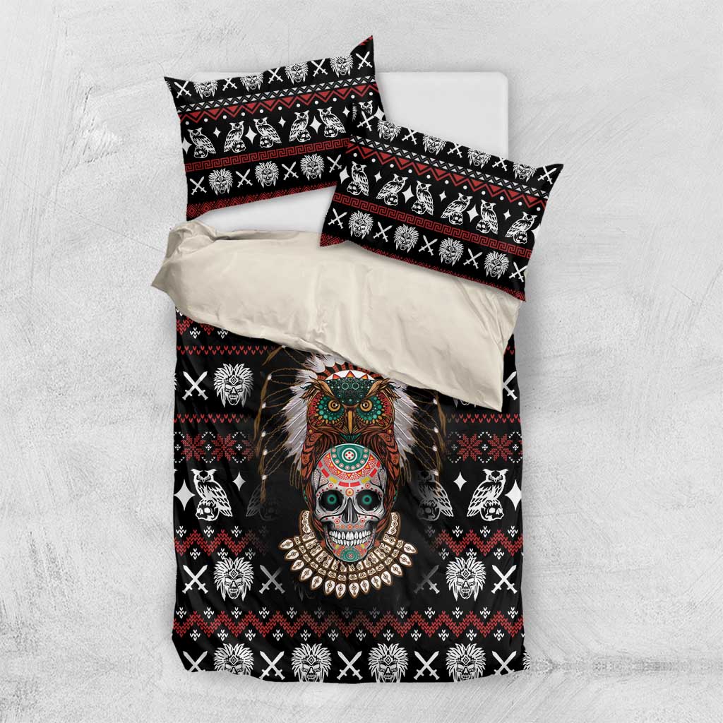 Black duvet cover and pillowcases with skull headdress artwork, white crosses, red motifs