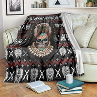 Black Native American style skull warrior blanket with headdress and geometric white/red pattern