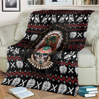 Black skull warrior blanket with large headdress portrait, white cat silhouettes and red pattern
