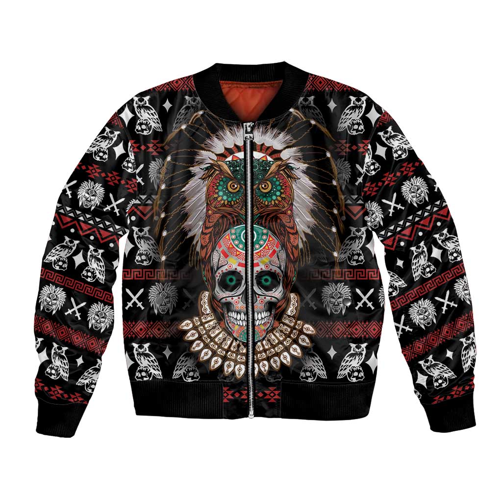 Black bomber jacket with front skull-and-feather graphic, ribbed collar, cuffs, zip