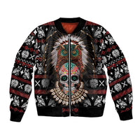 Black bomber jacket with front skull-and-feather graphic, ribbed collar, cuffs, zip