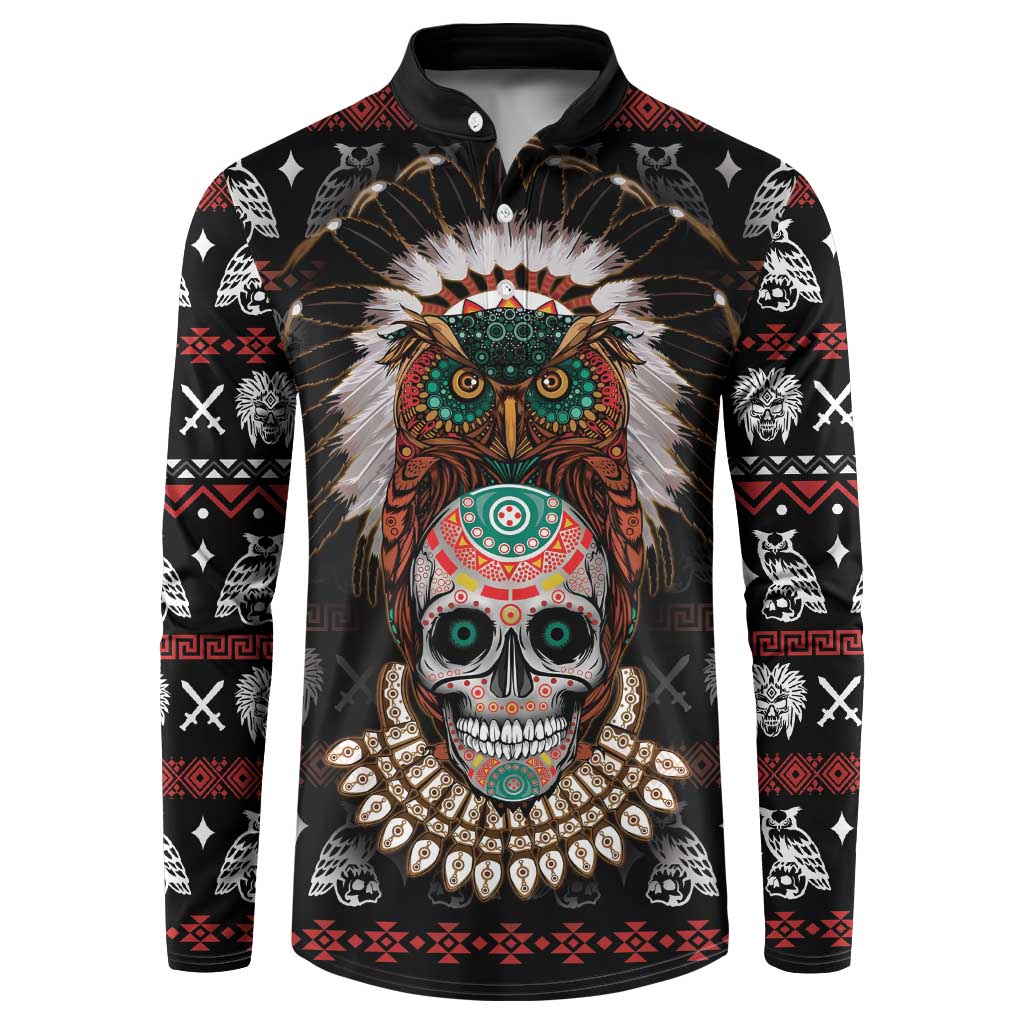 Black pullover button sweatshirt with colorful owl and skull graphic on chest