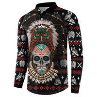Black long-sleeve button sweatshirt with detailed owl and skull front graphic