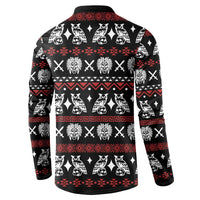 Black button sweatshirt with repeating tribal animal and geometric pattern, back