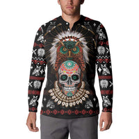 Black button sweatshirt worn by model; owl and skull front graphic with beaded collar