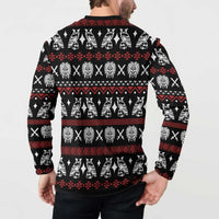 Black button sweatshirt worn by model; back shows repeating tribal animal pattern