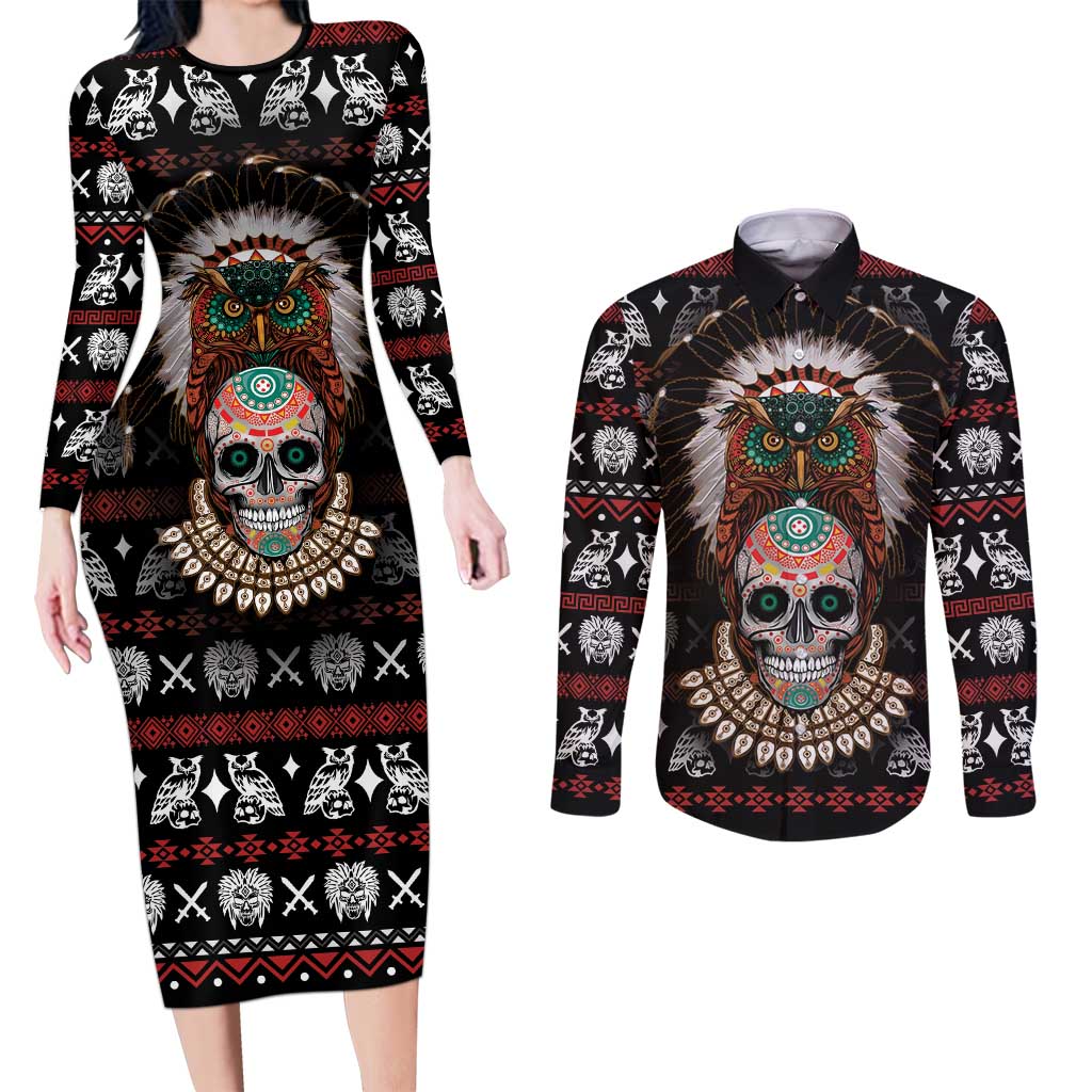 Warrior Of Indian Skull Couples Matching Long Sleeve Bodycon Dress and Long Sleeve Button Shirt Native American