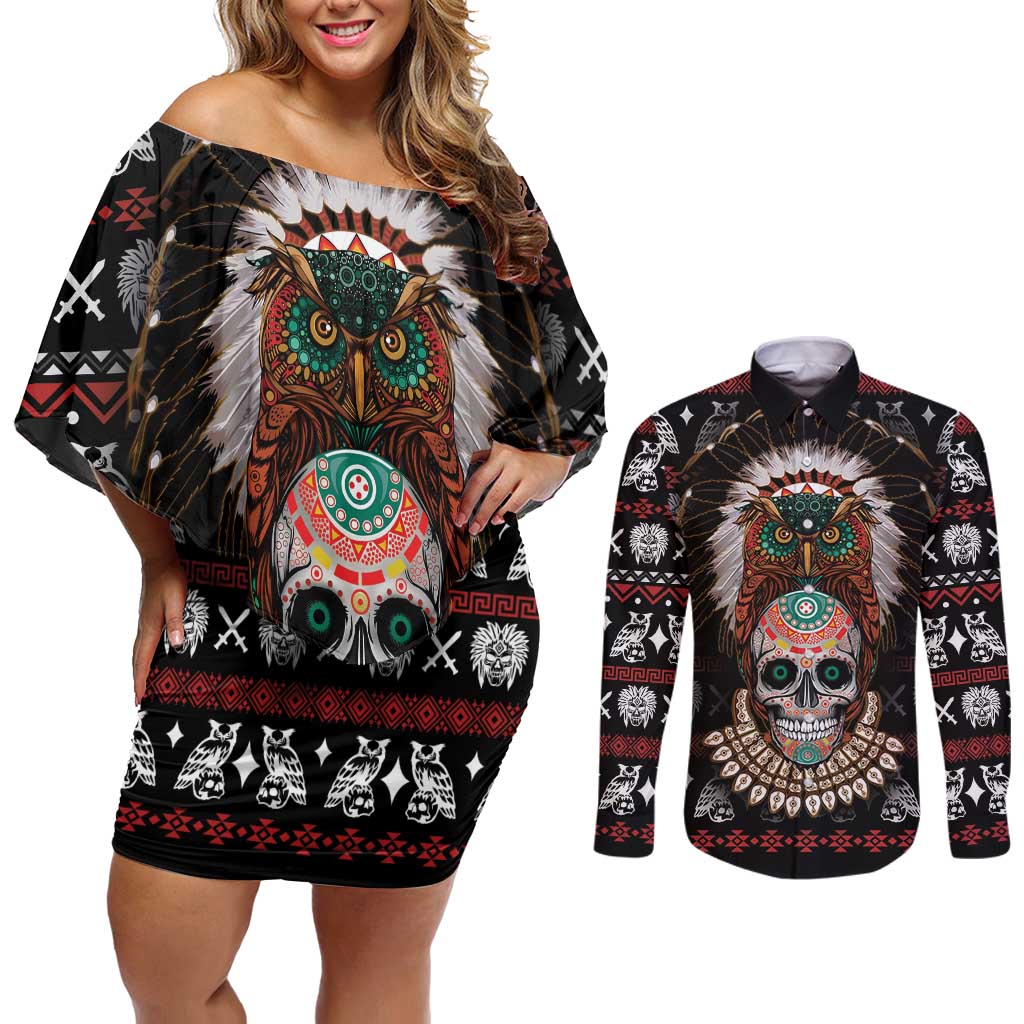 Warrior Of Indian Skull Couples Matching Off Shoulder Short Dress and Long Sleeve Button Shirt Native American - Wonder Print Shop