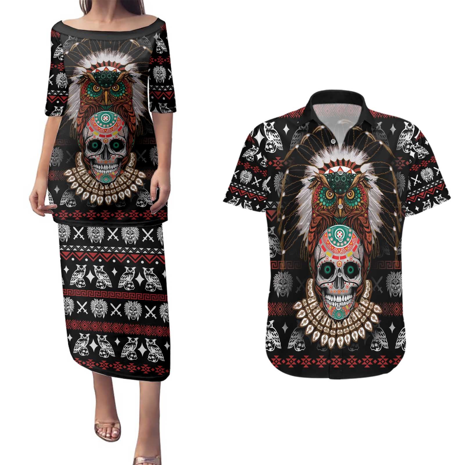 Warrior Of Indian Skull Couples Matching Puletasi and Hawaiian Shirt Native American - Wonder Print Shop