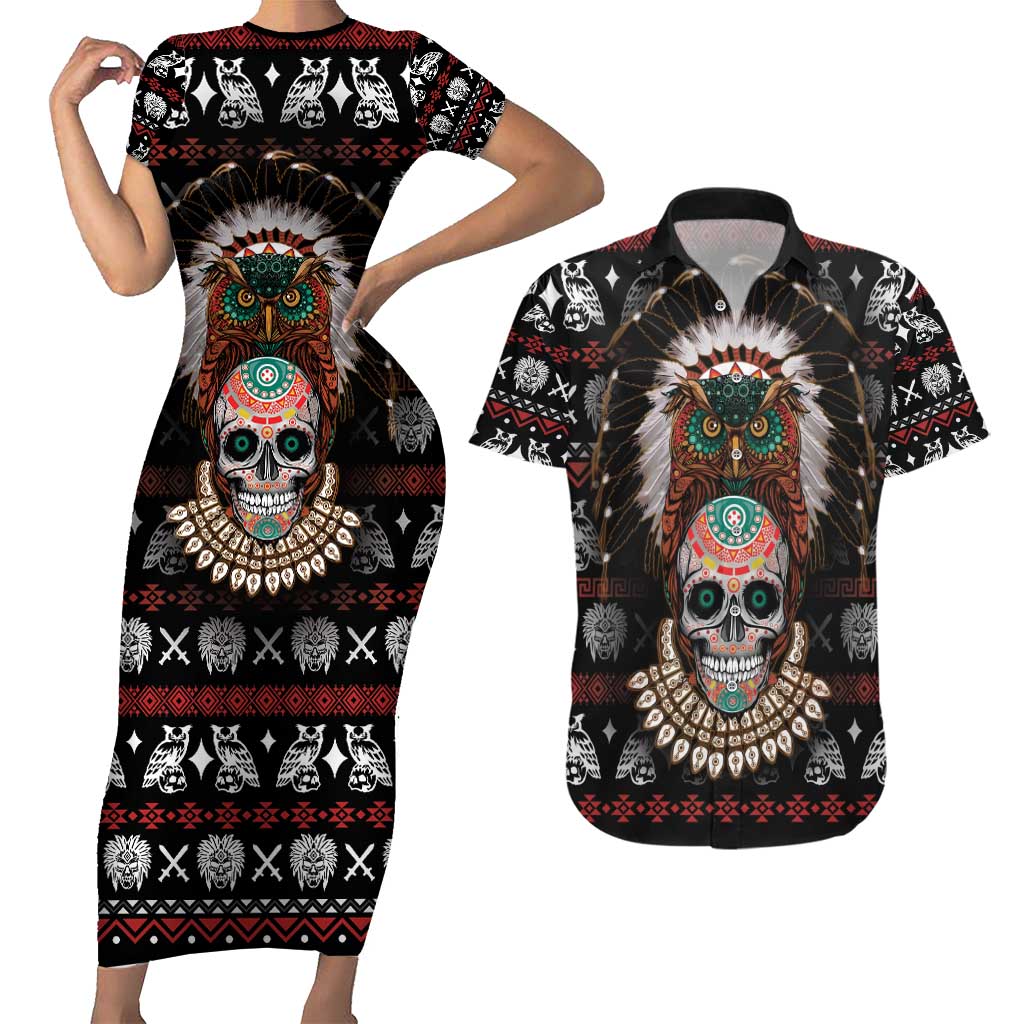 Warrior Of Indian Skull Couples Matching Short Sleeve Bodycon Dress and Hawaiian Shirt Native American - Wonder Print Shop