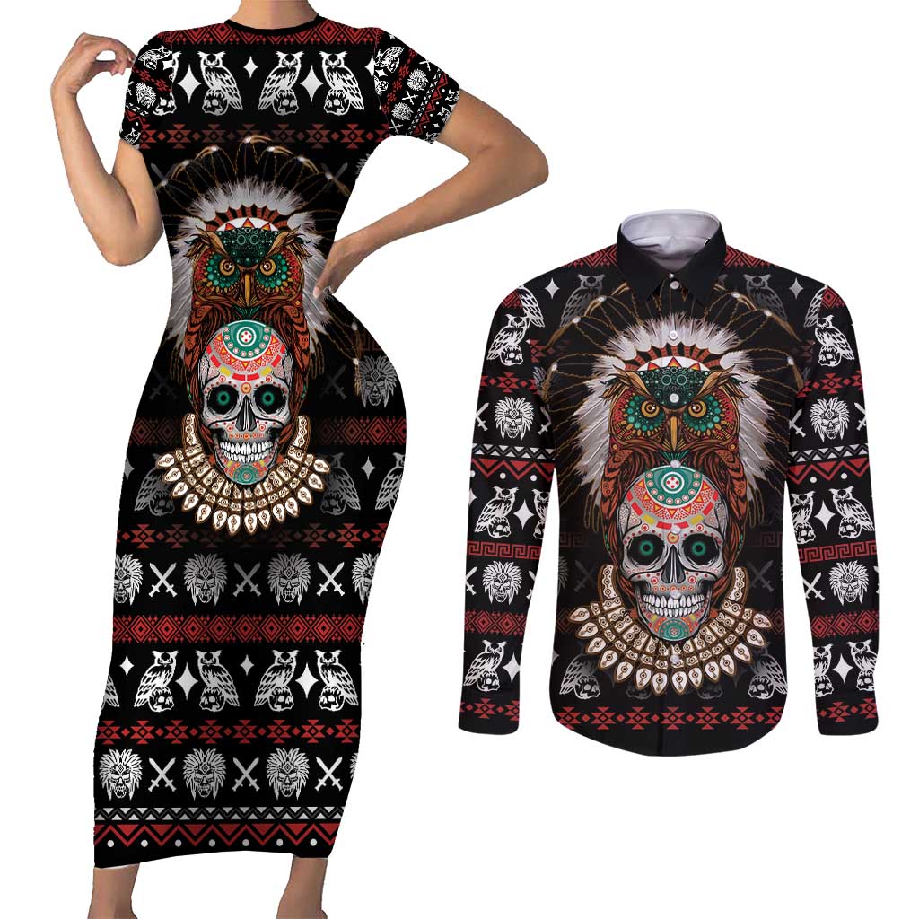 Warrior Of Indian Skull Couples Matching Short Sleeve Bodycon Dress and Long Sleeve Button Shirt Native American - Wonder Print Shop