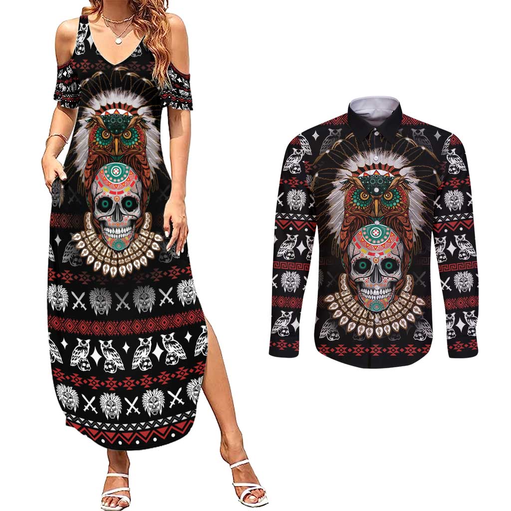 Warrior Of Indian Skull Couples Matching Summer Maxi Dress and Long Sleeve Button Shirt Native American