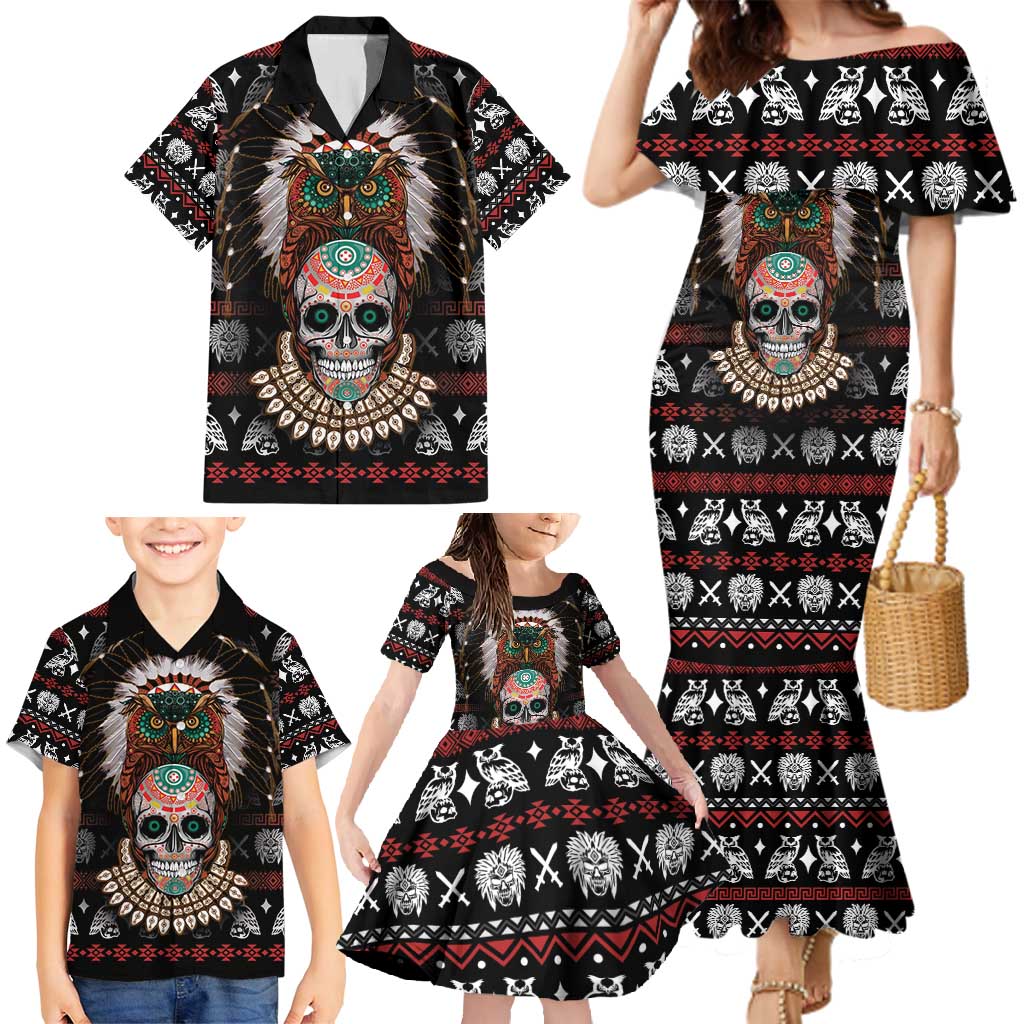 Warrior Of Indian Skull Family Matching Mermaid Dress and Hawaiian Shirt Native American