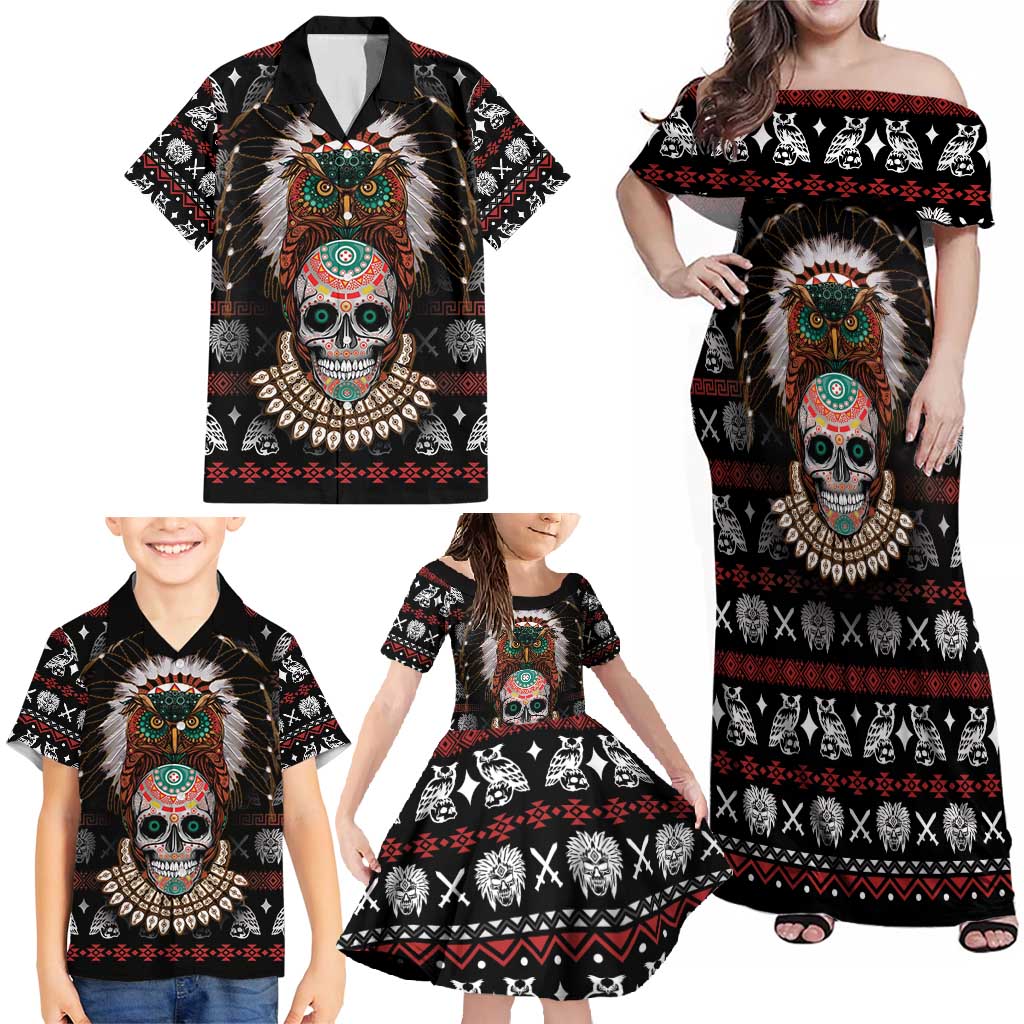 Warrior Of Indian Skull Family Matching Off Shoulder Maxi Dress and Hawaiian Shirt Native American