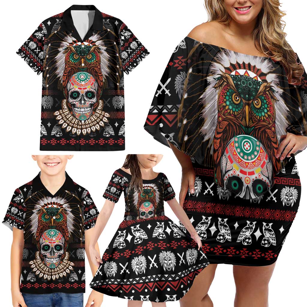 Warrior Of Indian Skull Family Matching Off Shoulder Short Dress and Hawaiian Shirt Native American - Wonder Print Shop