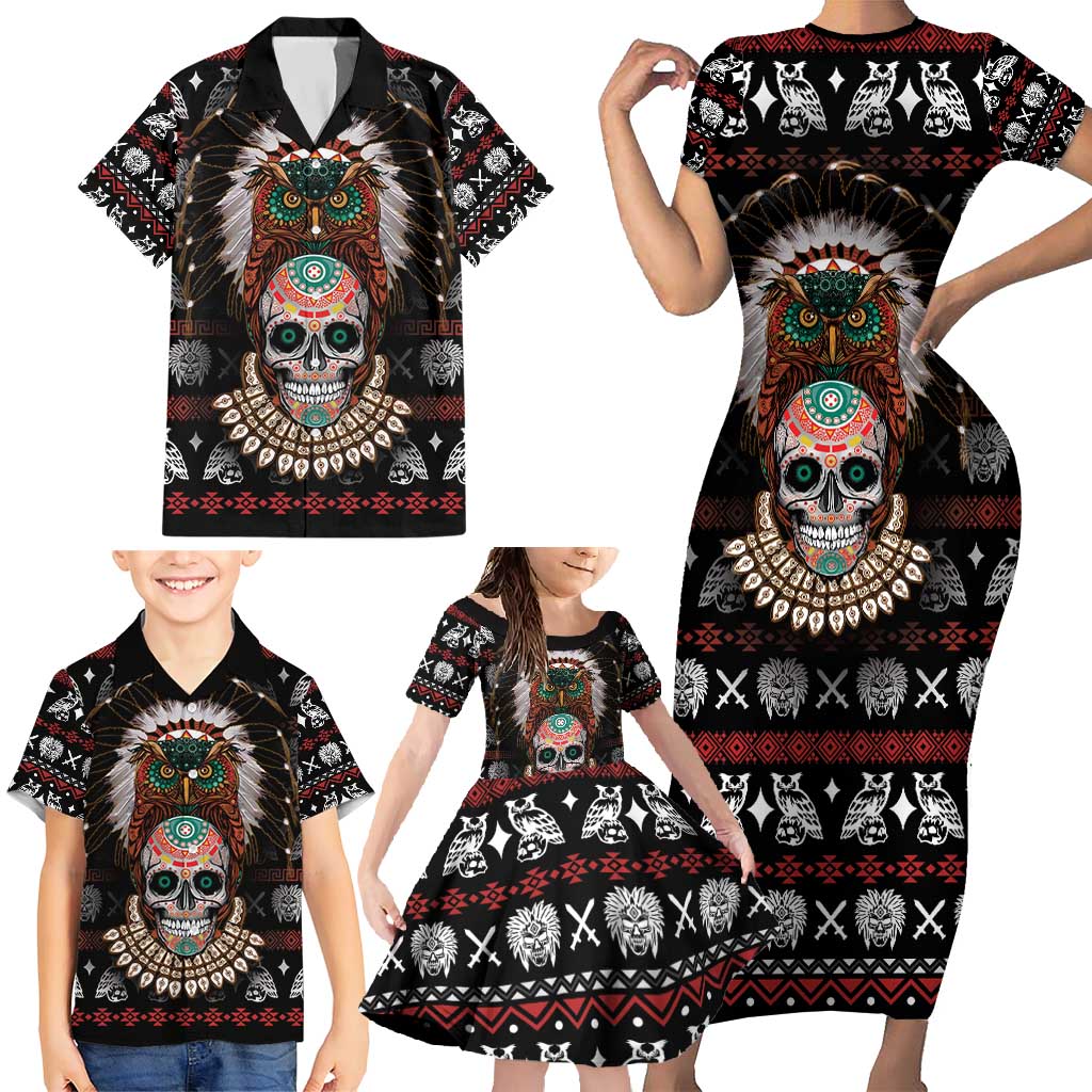 Warrior Of Indian Skull Family Matching Short Sleeve Bodycon Dress and Hawaiian Shirt Native American - Wonder Print Shop