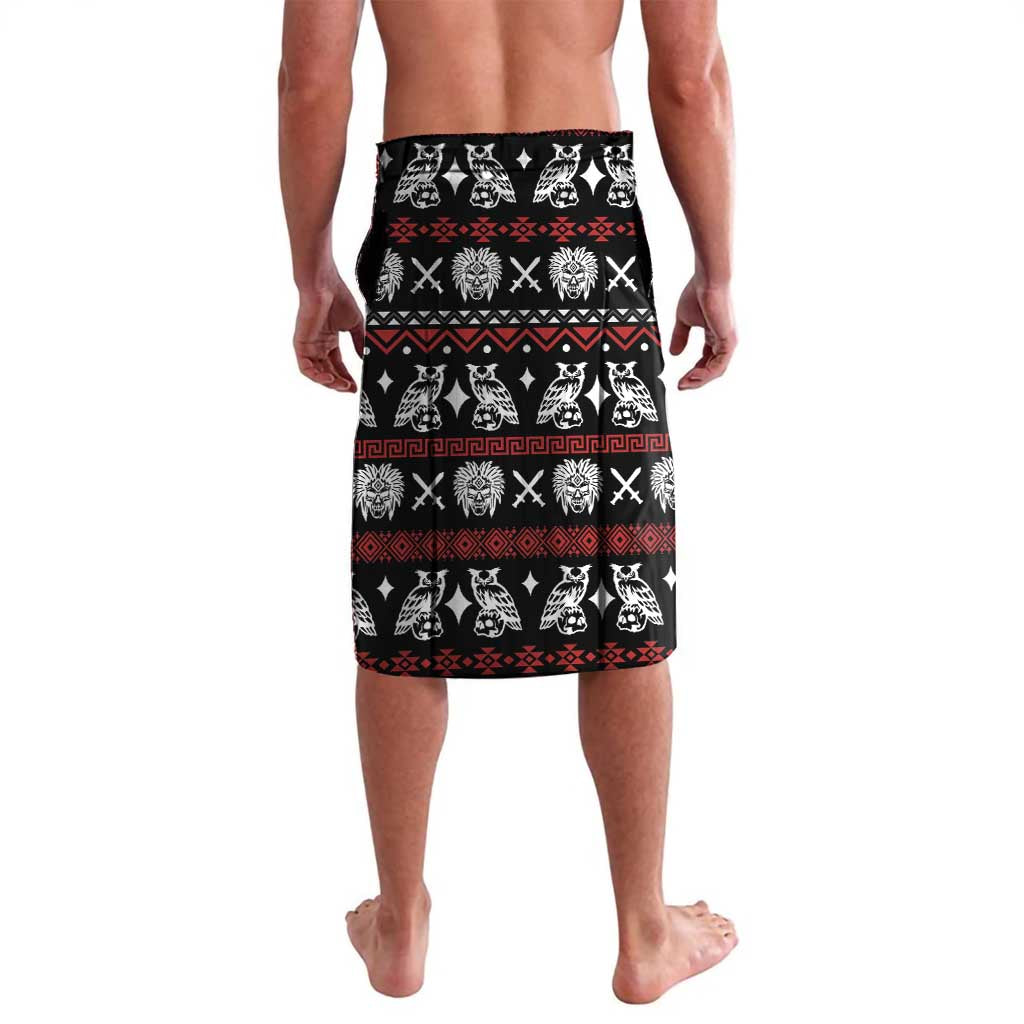 Black lavalava sarong skirt with bold tribal skull-and-totem print and red trim, elastic waistband