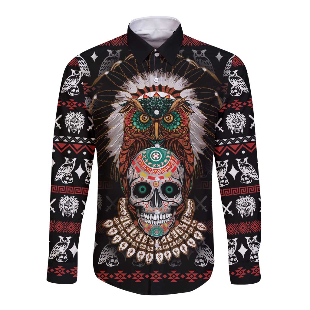 Warrior Of Indian Skull Long Sleeve Button Shirt Native American - Wonder Print Shop