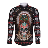 Black long-sleeve button shirt with colorful skull front and tribal border print