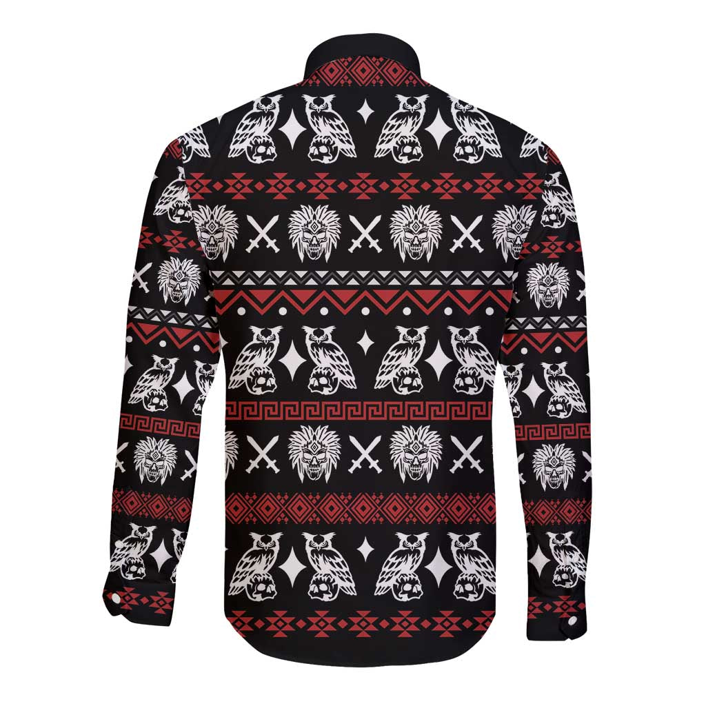 Black long-sleeve button shirt with tribal back print of skull faces and geometric bands