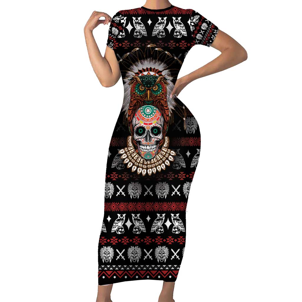 Warrior Of Indian Skull Short Sleeve Bodycon Dress Native American