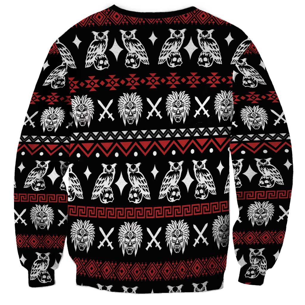 Black crewneck sweatshirt with repeating Native-style animal and geometric patterns, long sleeves