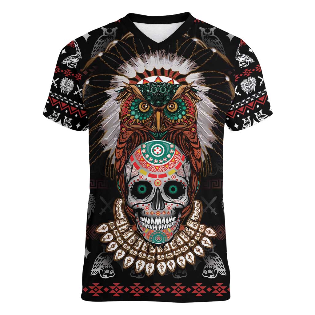 Warrior Of Indian Skull Women V-Neck T-Shirt Native American - Wonder Print Shop