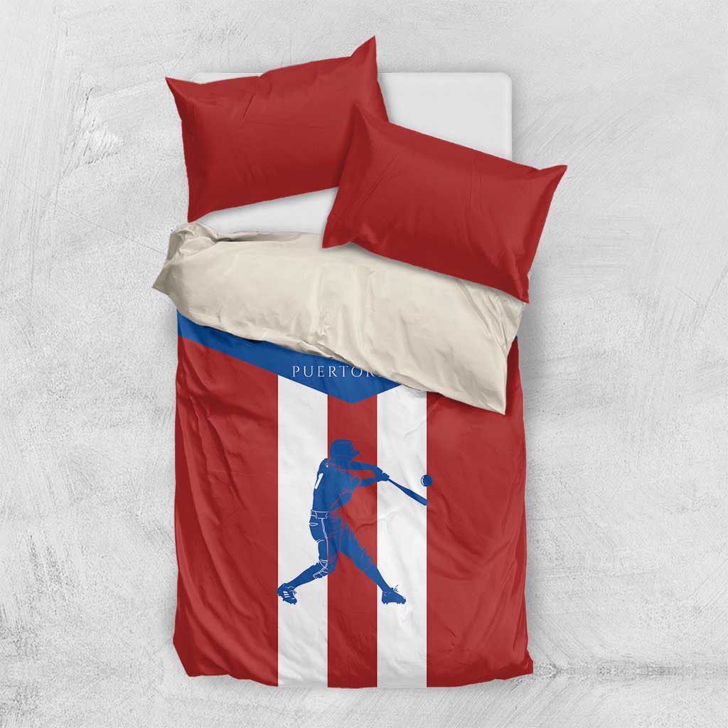 Puerto Rico flag baseball duvet with two red pillow shams, batter graphic centered.