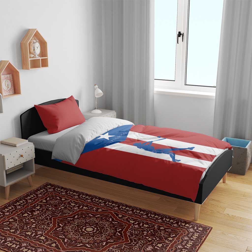 Puerto Rico flag baseball duvet set with red pillow shams, batter graphic across center.