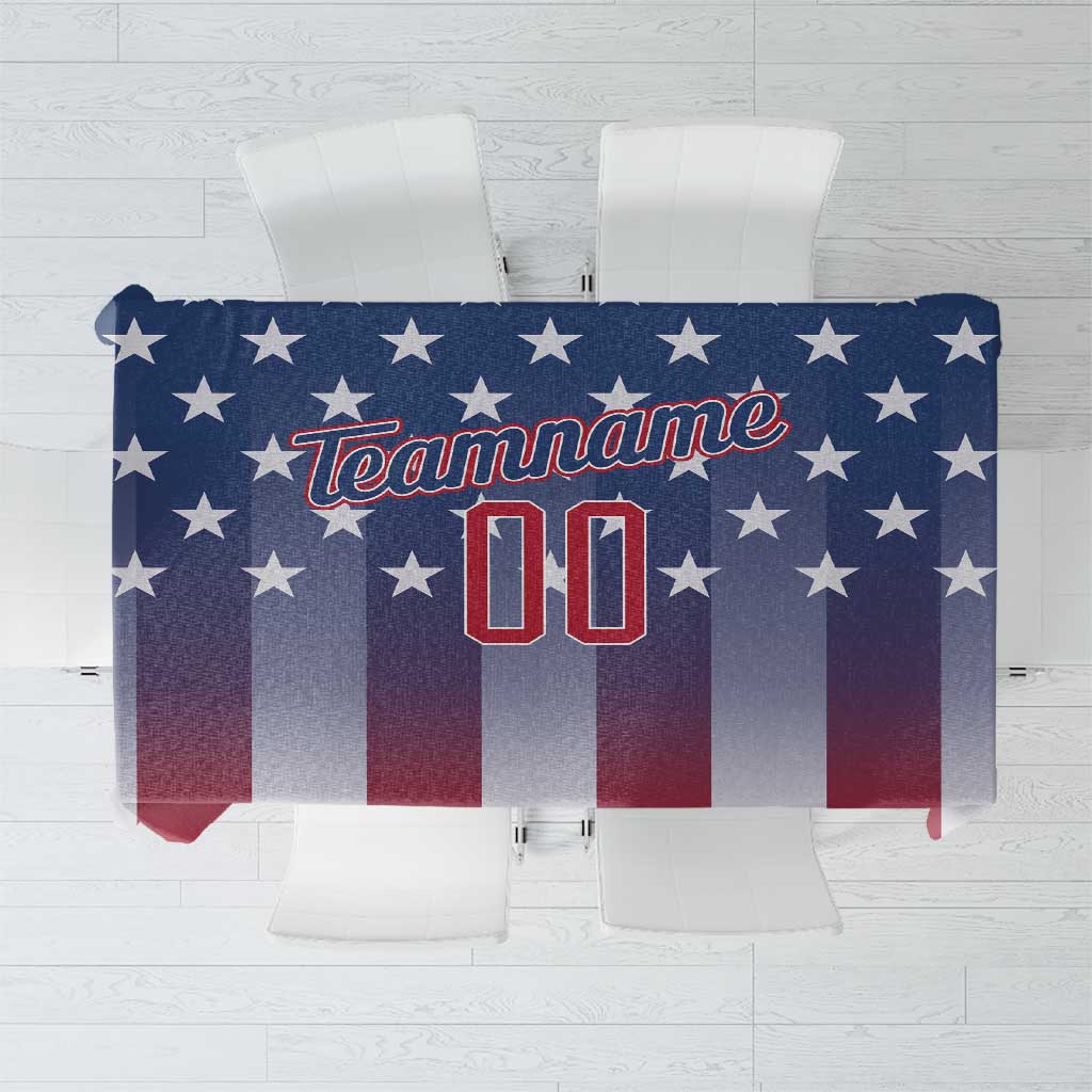Personalized USA flag tablecloth with blue star panel, red and white stripes, Teamname 00