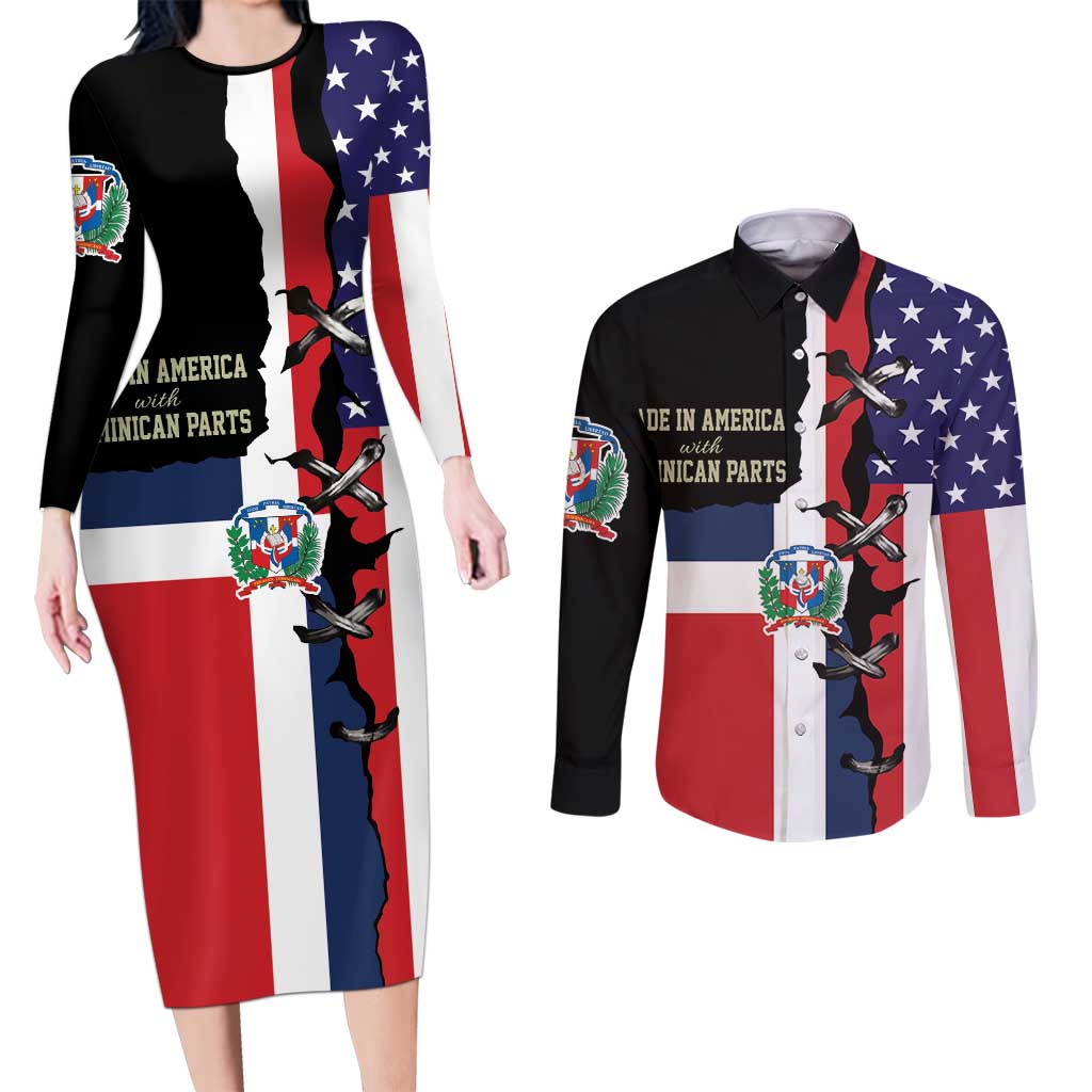 Dominican Republic Couples Matching Long Sleeve Bodycon Dress and Long Sleeve Button Shirt Made In America with Dominican Parts