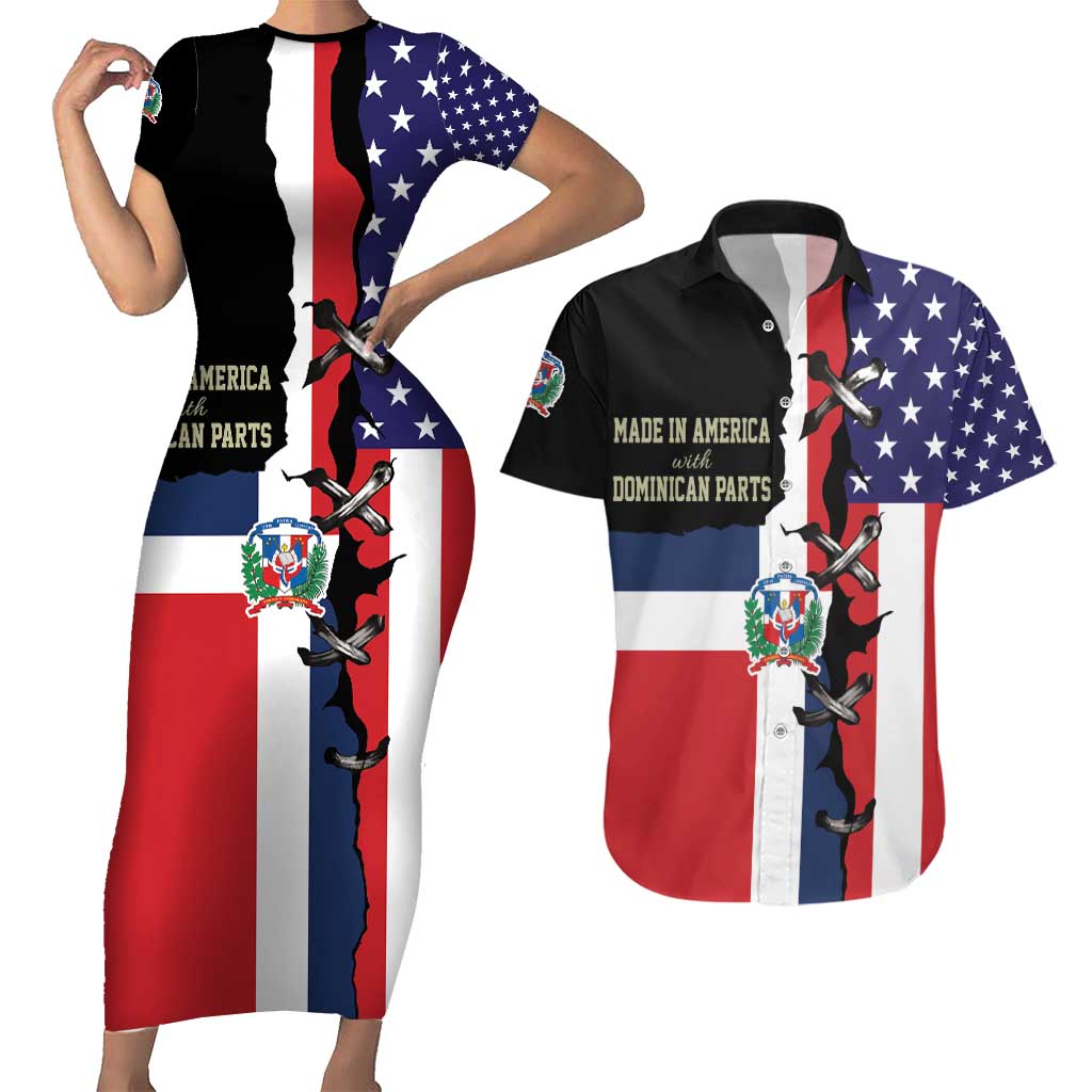 Dominican Republic Couples Matching Short Sleeve Bodycon Dress and Hawaiian Shirt Made In America with Dominican Parts