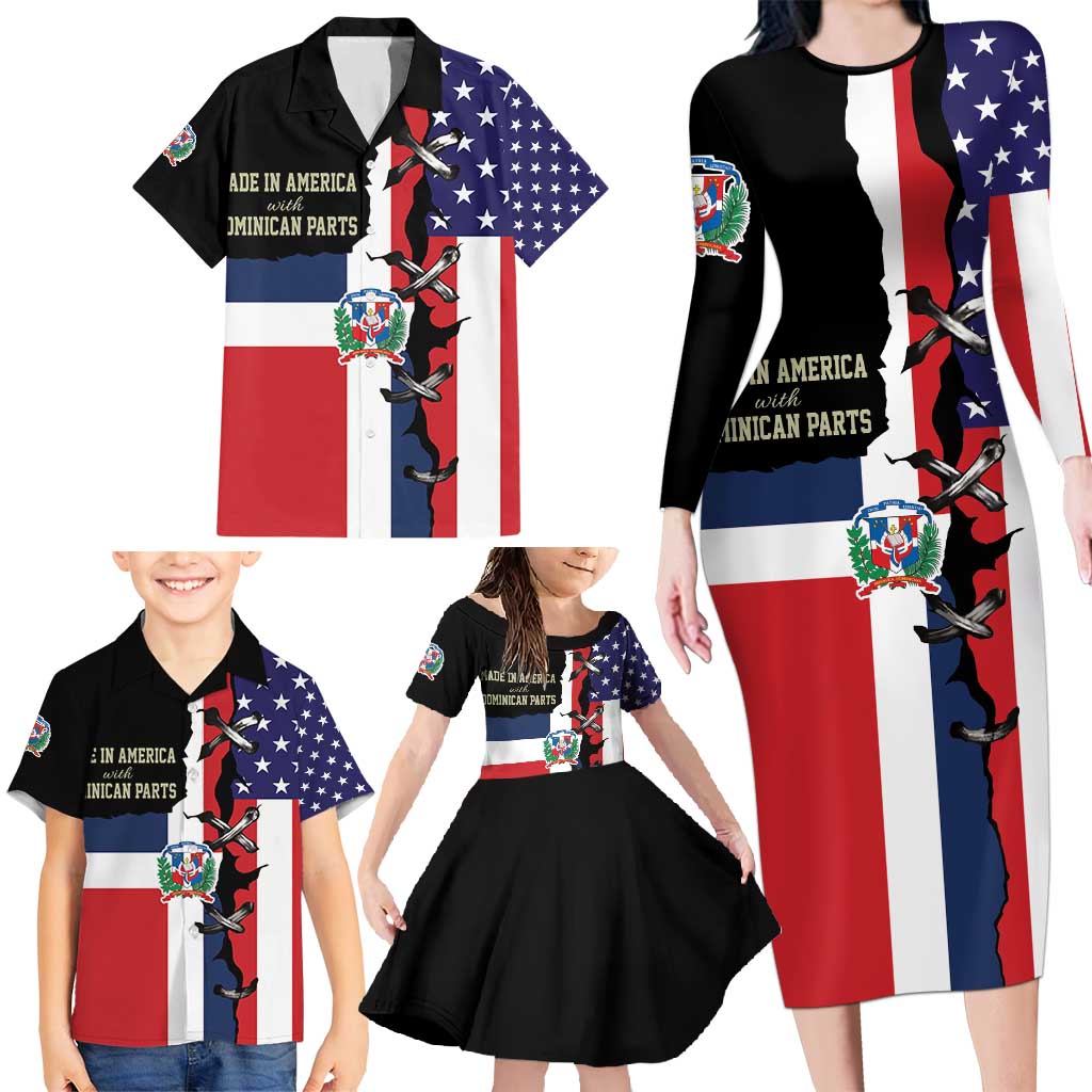 Dominican Republic Family Matching Long Sleeve Bodycon Dress and Hawaiian Shirt Made In America with Dominican Parts