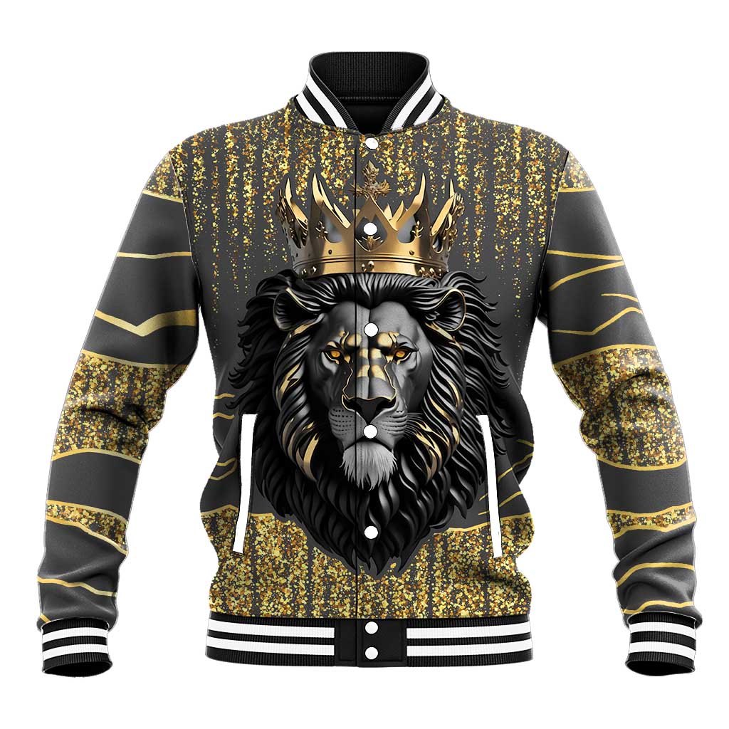 Dark gray baseball jacket with gold speckled lion graphic, crown, striped rib trim