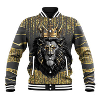 Dark gray baseball jacket with gold speckled lion graphic, crown, striped rib trim