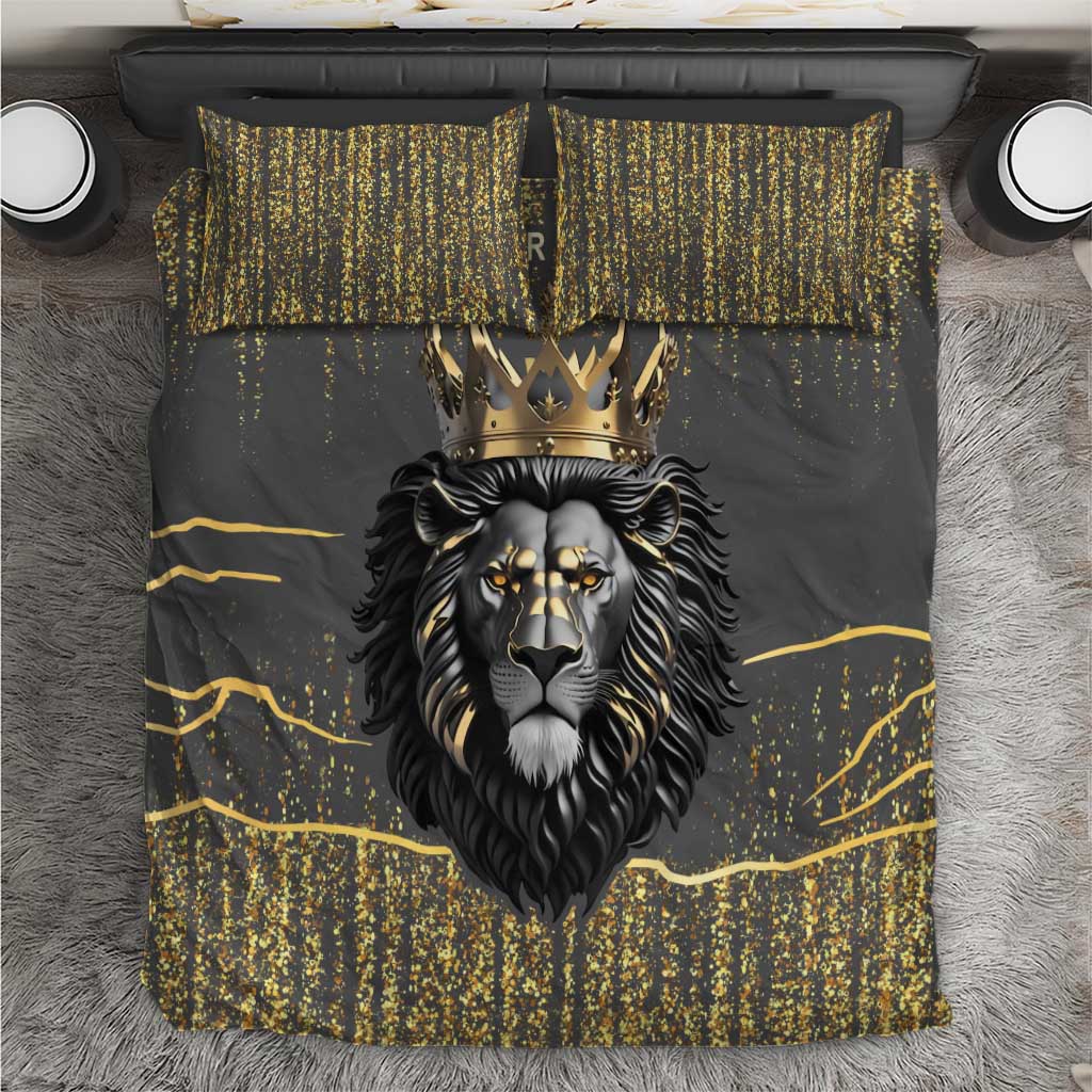 Dark gray lion bedding set with gold crown and roaring lion face center