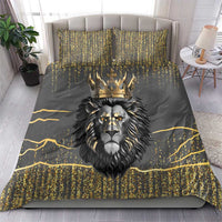 Dark gray lion bedding set with gold crown lion face, speckled gold detail, two pillows