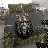 Dark gray duvet cover bedding set with crowned gold lion face and gold line accents