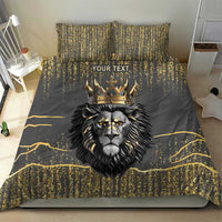 Dark gray lion bedding set with crowned lion face graphic and gold speckle pattern