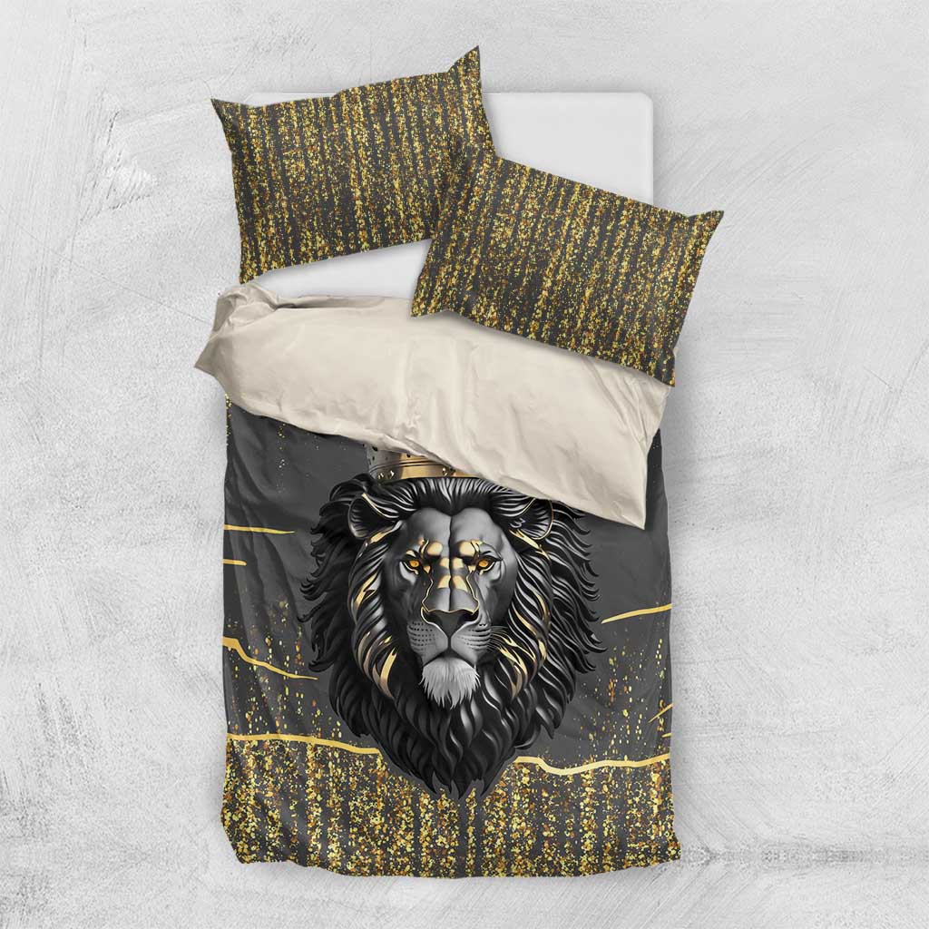 Dark gray lion bedding set with crowned gold lion face, two matching accent pillows