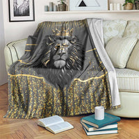 Personalized lion king throw blanket, dark gray with gold crown and text panel
