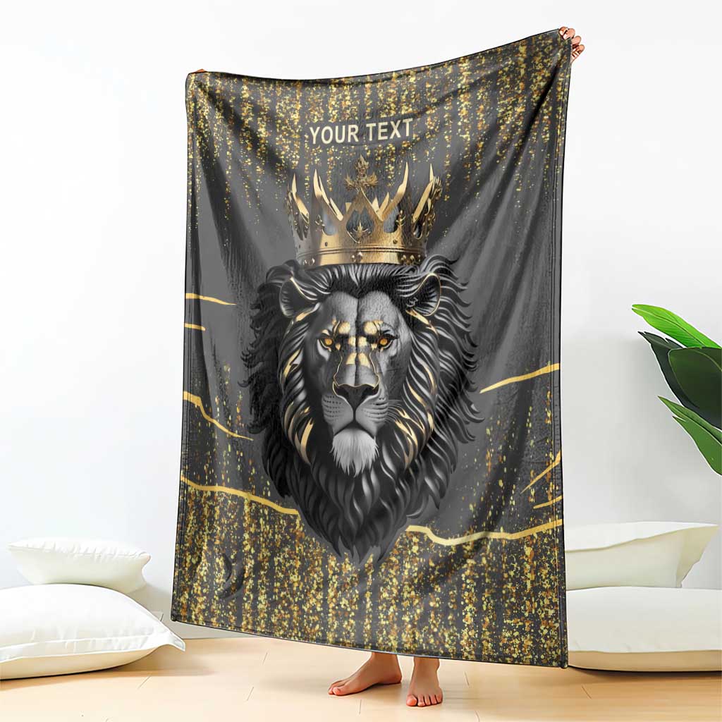 Personalized lion king throw blanket with gold crown and face portrait, YOUR TEXT