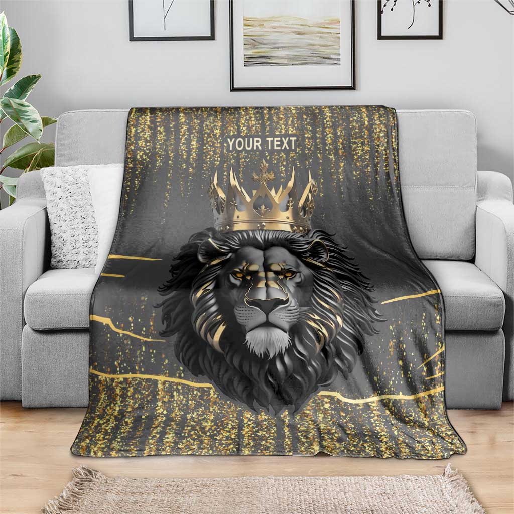 Personalized lion king blanket draped on sofa, gold crown, lion face, YOUR TEXT