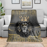 Personalized lion king blanket draped on sofa, gold crown, lion face, YOUR TEXT